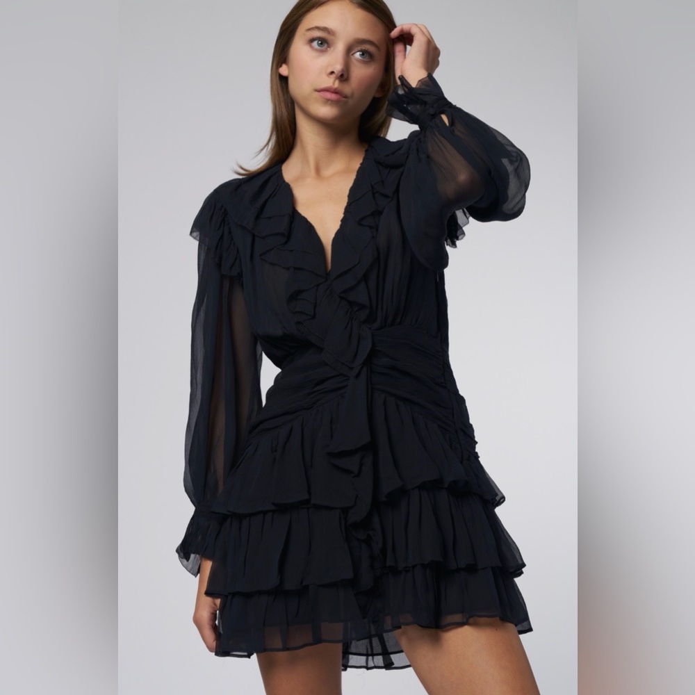 Ulla‎ Johnson Sara Dress in Midnight Blue - Silk Chiffon Ruffle Mini - Size 0
